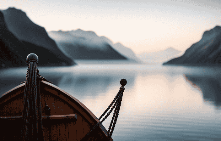An image depicting a serene Viking longship anchored in a fjord, enveloped by misty mountains