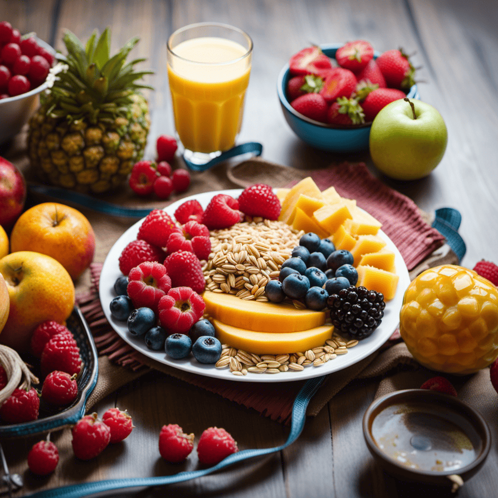 An image showcasing a plate filled with a variety of colorful fruits, whole grains, and a small portion of lean protein, surrounded by workout equipment and a measuring tape, symbolizing a balanced breakfast, exercise, and moderation in weight loss