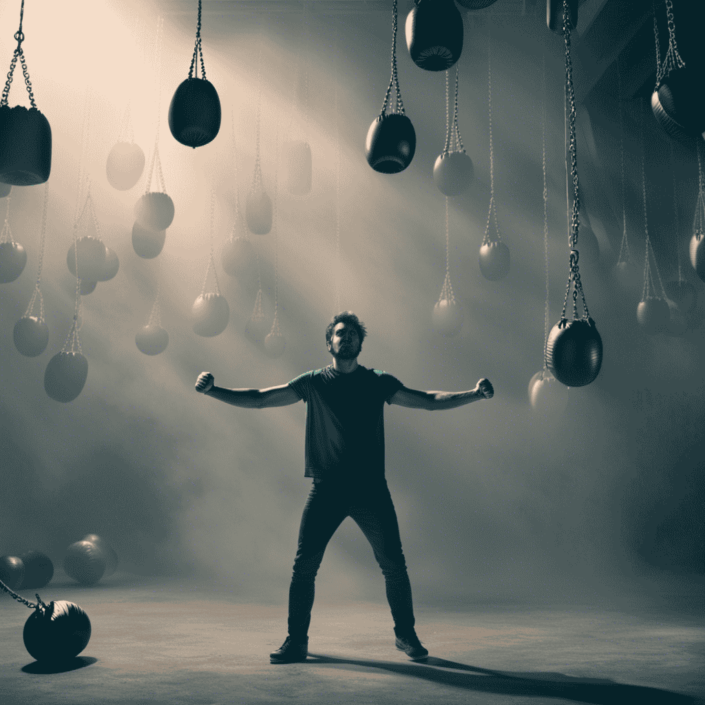An image showcasing a frustrated dreamer, surrounded by a surreal landscape of floating punching bags, their clenched fists unable to connect, as wisps of power dissolve into ethereal mist