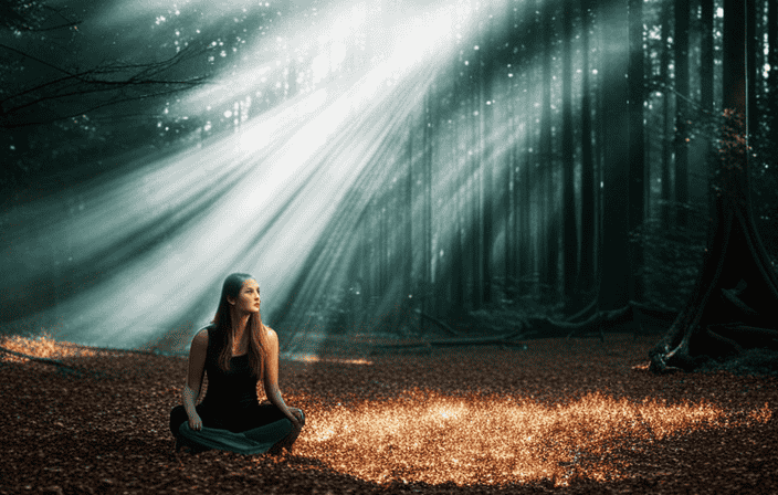 An image of a serene outdoor setting with a beam of golden sunlight filtering through a canopy of trees, where a solitary figure meditates, surrounded by a mystical aura and surrounded by a swarm of ethereal flies