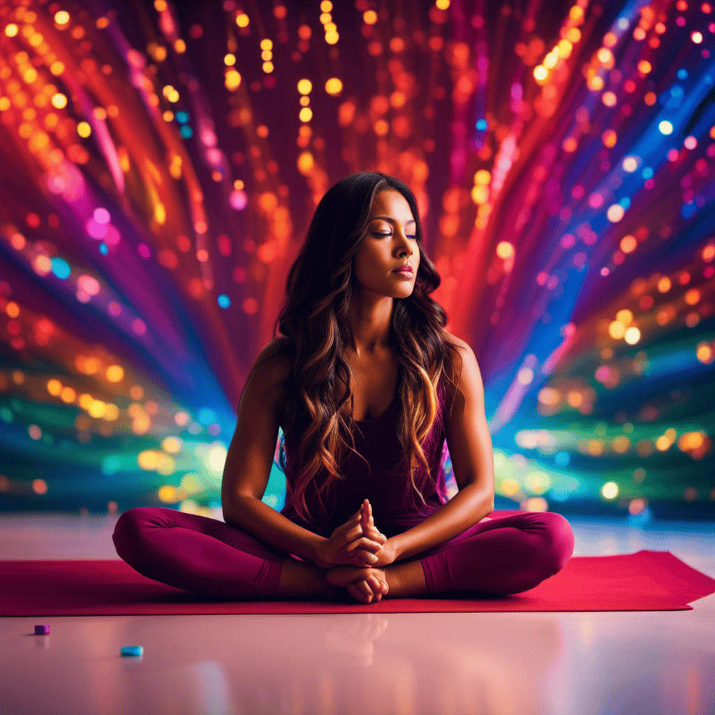 An image of a person in a yoga pose, their face serene yet tear-stained, surrounded by a vibrant aura of swirling colors