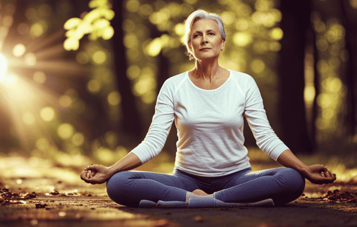 An image featuring a serene setting, with a person in a yoga pose, gently stretching their neck and shoulders to alleviate migraine pain
