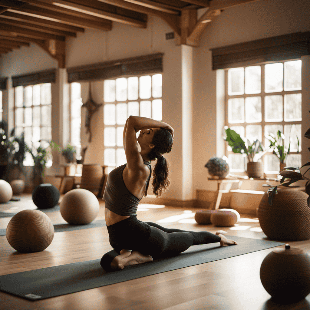 An image showcasing a serene yoga studio, adorned with earthy tones and natural light