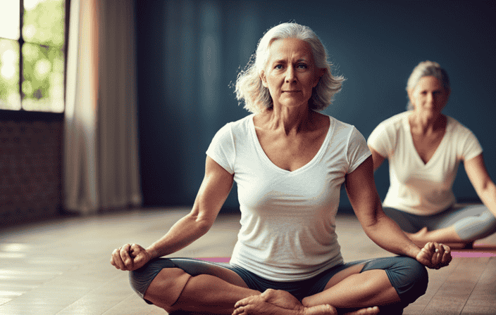 An image of a serene yoga studio with natural light streaming through large windows, showcasing women of different ages gracefully practicing yoga poses, radiating strength and tranquility, fostering a sense of balance and well-being