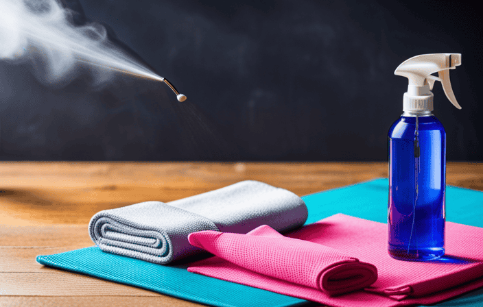 An image showcasing a vibrant yoga mat cleaning spray and a soft microfiber cloth