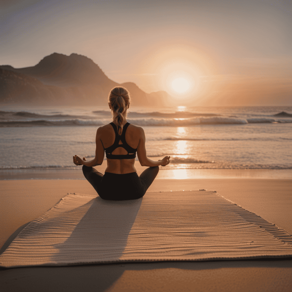 An image of a serene beach at sunset, with a yoga practitioner gracefully flowing through a series of mat-free poses