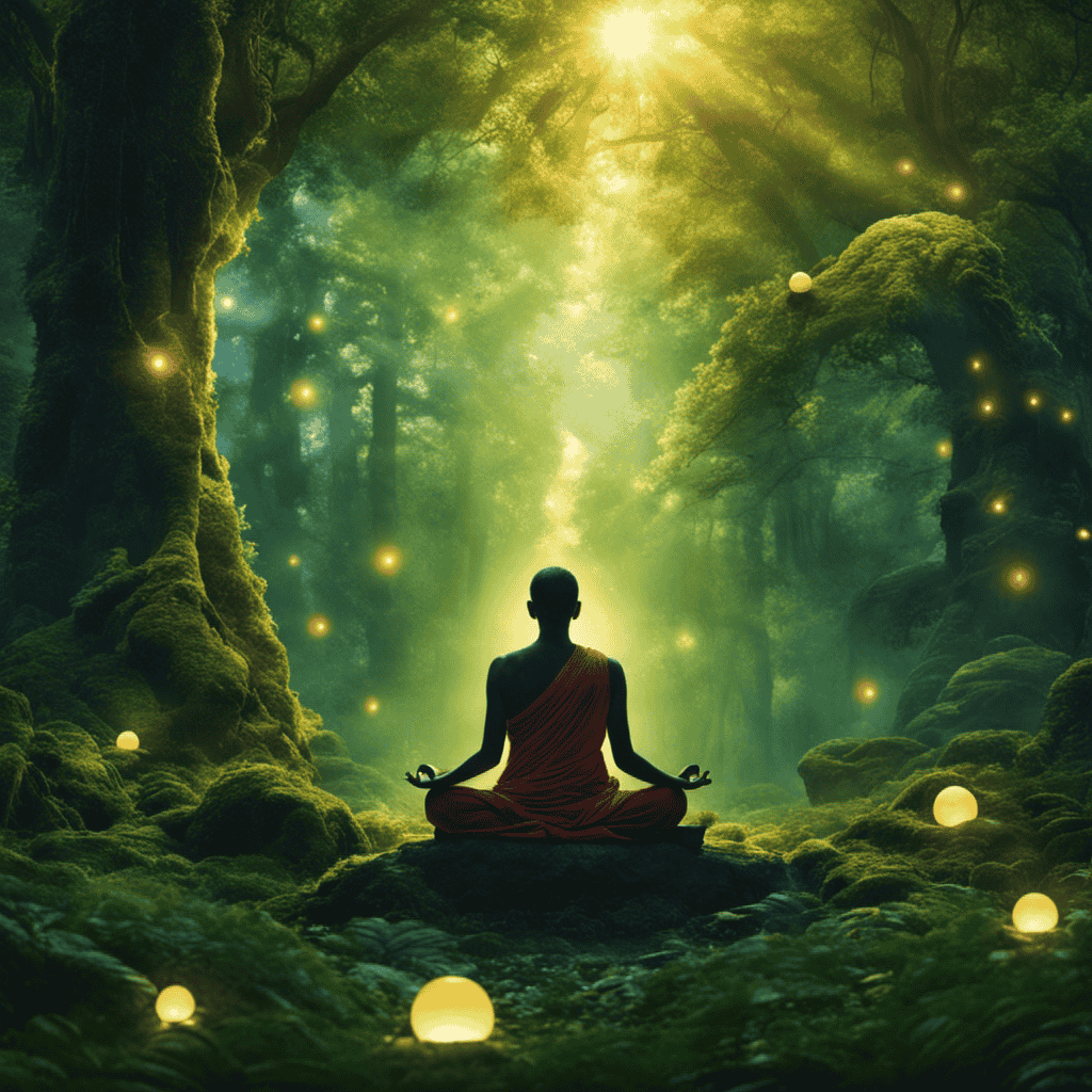 An image that captures the essence of advanced meditation practices: a serene meditator, sitting cross-legged amidst a lush forest, surrounded by softly glowing orbs of energy, emanating a tranquil aura of profound stillness and inner peace