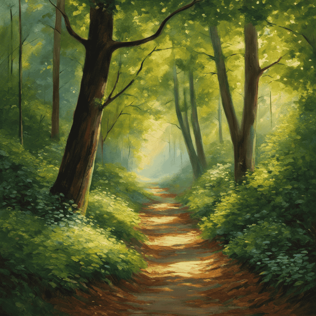 An image that depicts a serene forest path, dappled with soft sunlight filtering through towering trees
