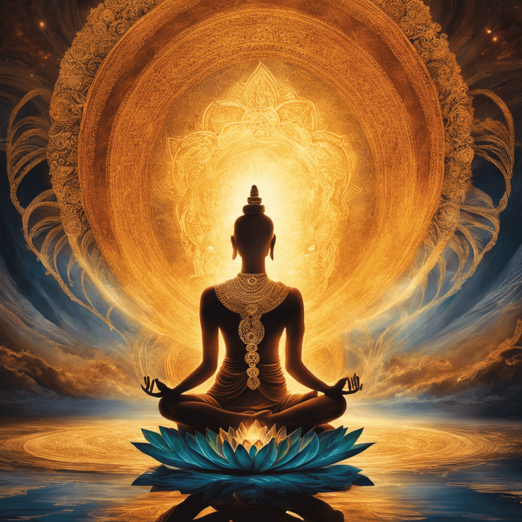 An image capturing a serene meditator, seated in lotus position, surrounded by ethereal light