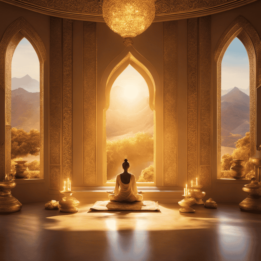 An image depicting a serene meditation room, adorned with soft, golden hues