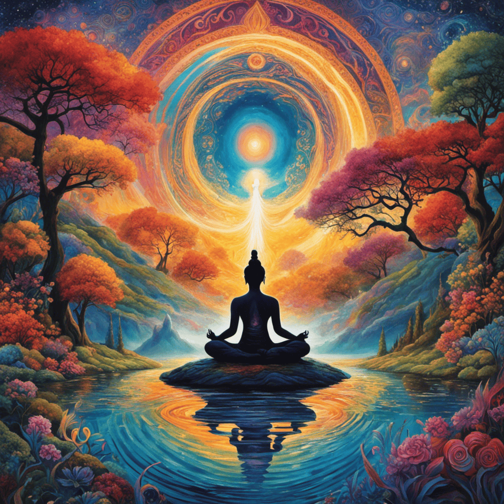An image of a serene meditator surrounded by vibrant, swirling colors, effortlessly manifesting intricate landscapes, celestial bodies, and fantastical creatures through their focused and refined visualization skills
