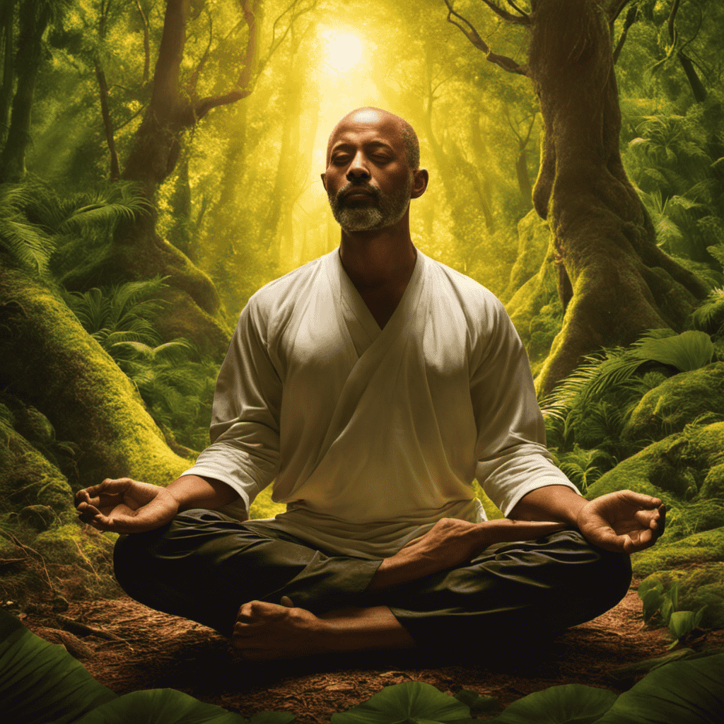 An image of a serene meditator, sitting cross-legged in a lush, secluded forest