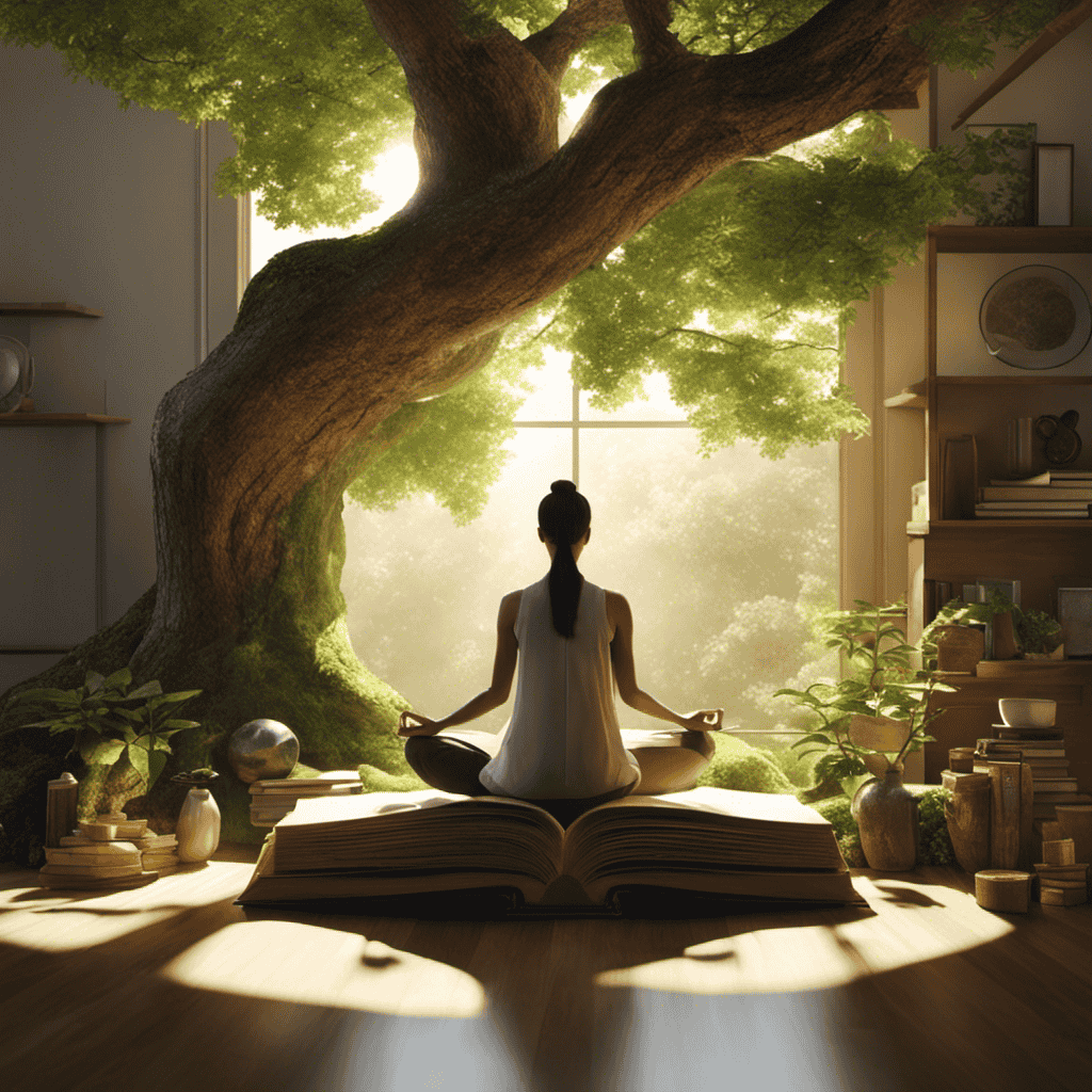 An image of a serene, sunlit room with a meditator seated in lotus position, surrounded by everyday objects seamlessly blending into nature - a book merging with a tree trunk, a coffee mug transforming into a blooming flower