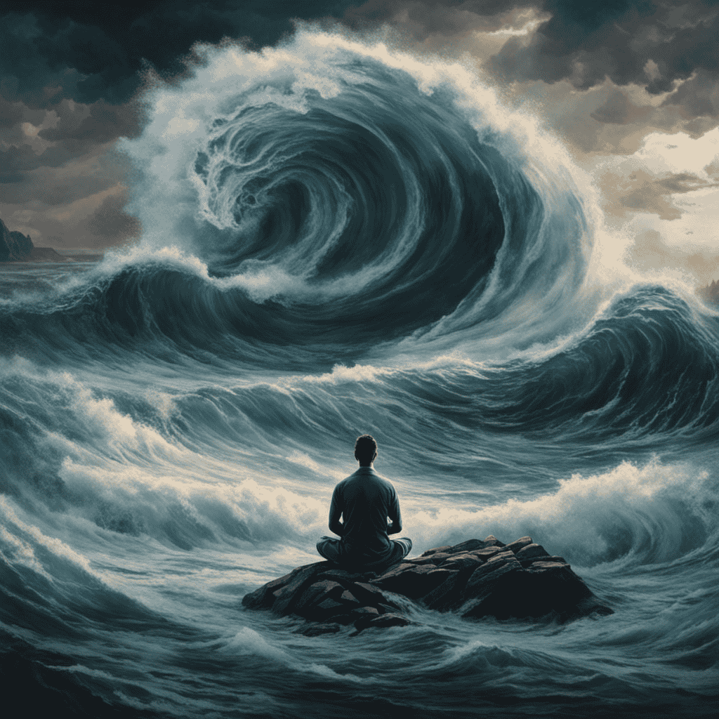 An image of a meditator sitting serenely amidst a turbulent sea of emotions, their calm expression contrasting with swirling waves of anger, sadness, and anxiety, symbolizing the skillful navigation of challenging emotions in advanced meditation practices