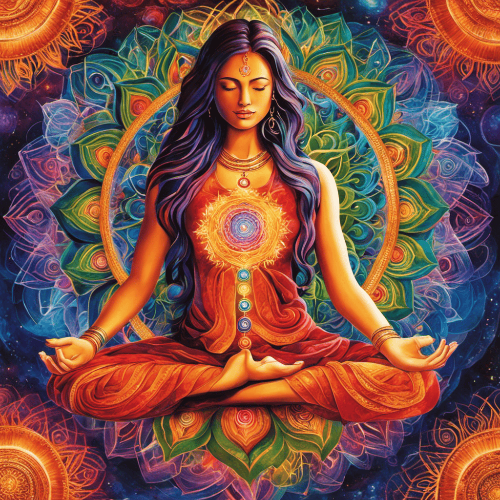 An image depicting a serene yoga practitioner surrounded by vibrant, swirling energy, as their hands rest on their body's energy centers