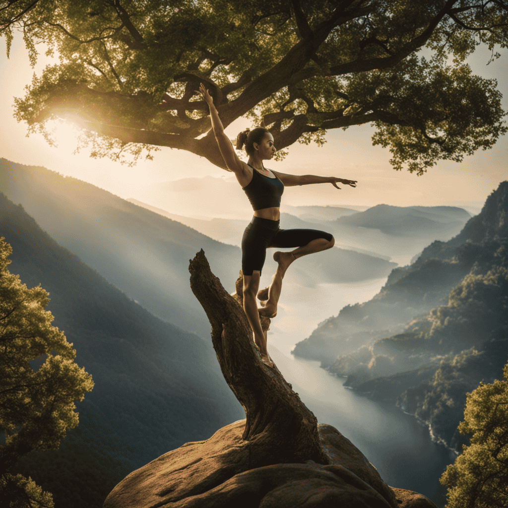 An image showcasing a serene yoga practitioner in a perfect tree pose, with the body gracefully aligned, focusing on the steady connection between mind and body