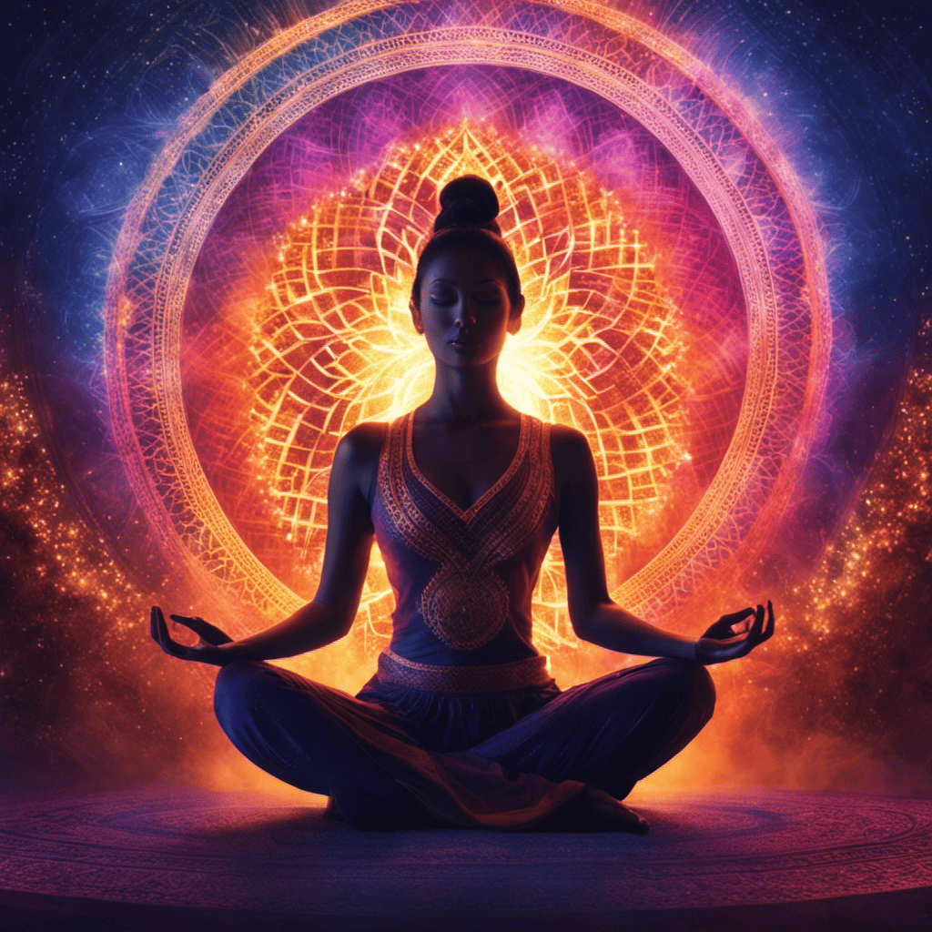 An image that showcases a serene yoga practitioner surrounded by vibrant, ethereal energy