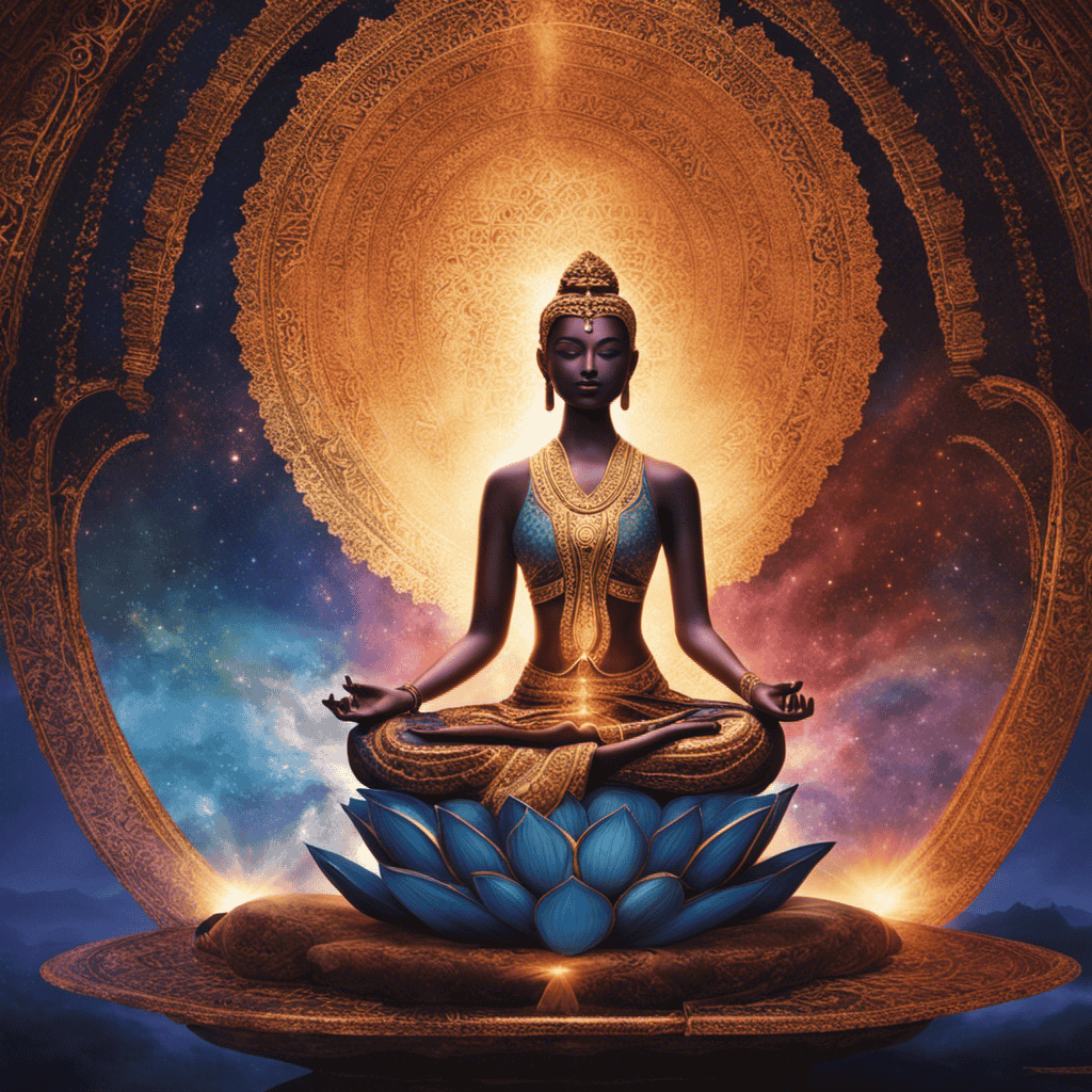 An image showcasing an individual seated in a serene, lotus position, surrounded by a shimmering aura of light, as they gracefully traverse the depths of their consciousness during advanced meditation
