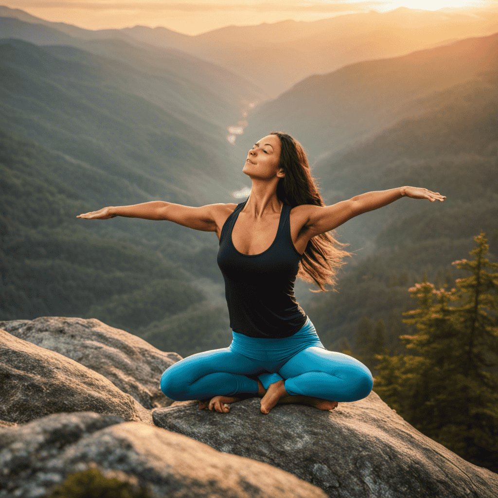 An image showcasing a serene yogi, gracefully executing a challenging inverted pose on a picturesque mountaintop at sunrise