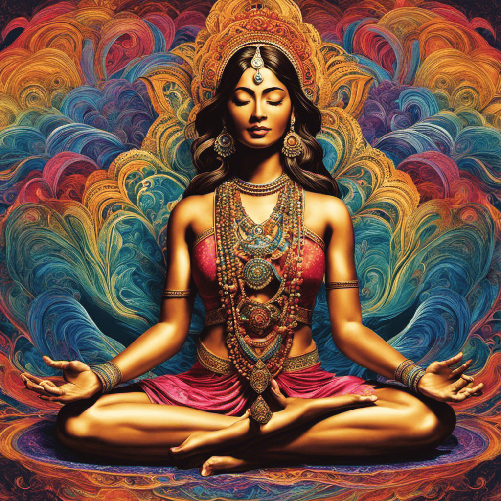 An image showcasing a serene yogi sitting cross-legged, with eyes closed and hands in a mudra, as colorful waves of breath flow in and out of their body, illustrating the power of Pranayama techniques