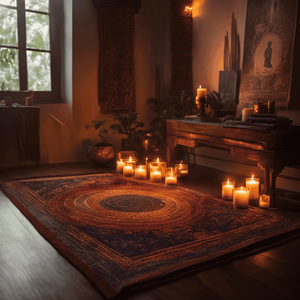 An image of a serene, dimly lit room with a yoga mat at the center