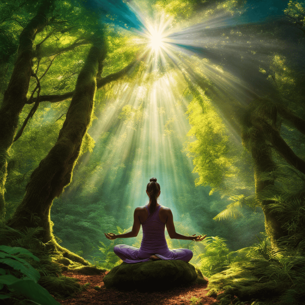 An image of a serene yogi meditating in a vibrant, lush forest, surrounded by ethereal rays of light filtering through the trees