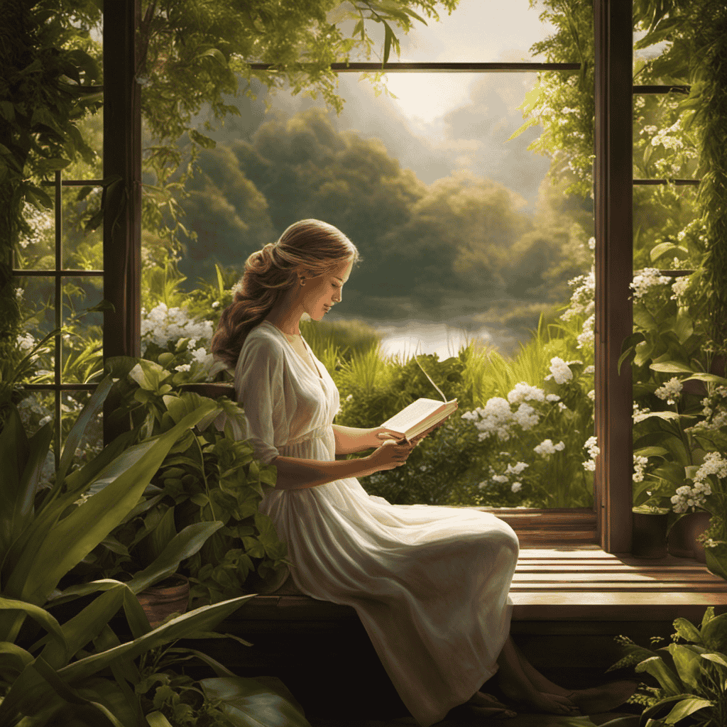 An image capturing a serene scene of a person engrossed in a relaxing activity, such as reading a book or meditating, surrounded by plants and natural light, evoking a sense of tranquility and self-care