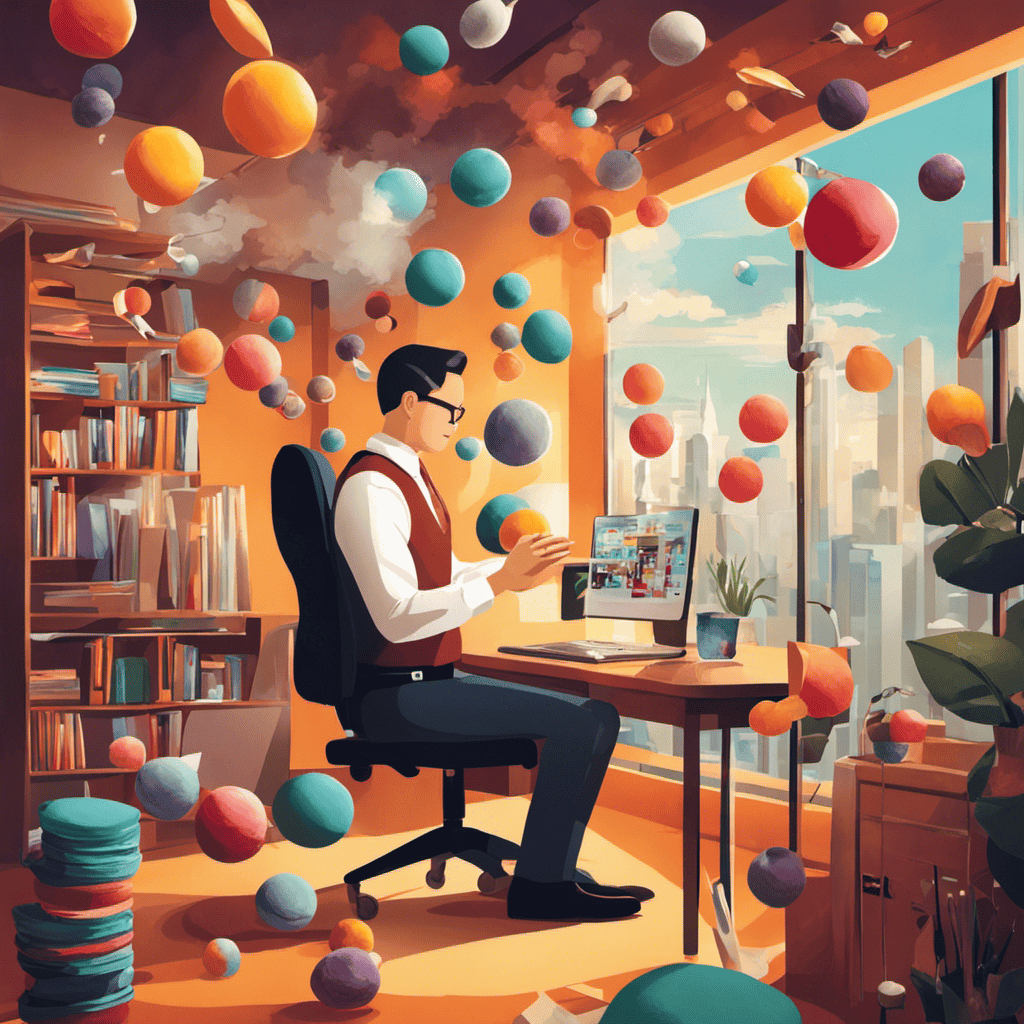 An image showcasing a person juggling multiple tasks in a harmonious manner, surrounded by a serene work environment and a vibrant personal life, symbolizing effective strategies for managing work overload and reducing stress
