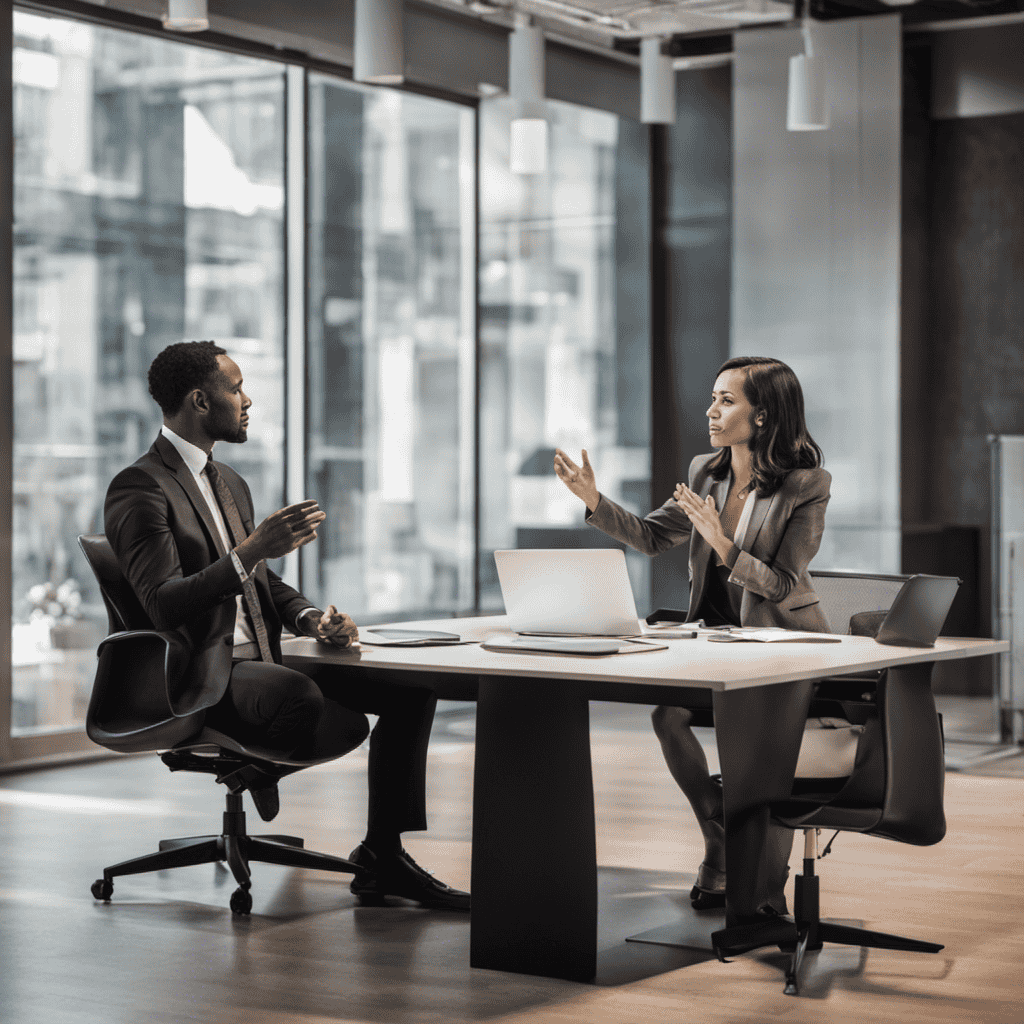 An image of two people in a modern office setting engaged in a conversation, maintaining eye contact, using open body language, with one person actively listening and nodding, while the other person speaks confidently and gestures with their hands