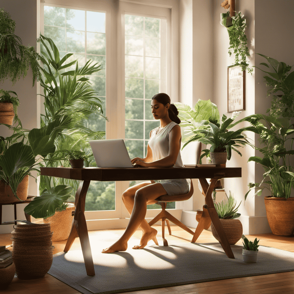 An image that depicts a serene, sunlit home office space with a laptop on a tidy desk, surrounded by lush potted plants, while in the background, a person engages in a calming yoga pose
