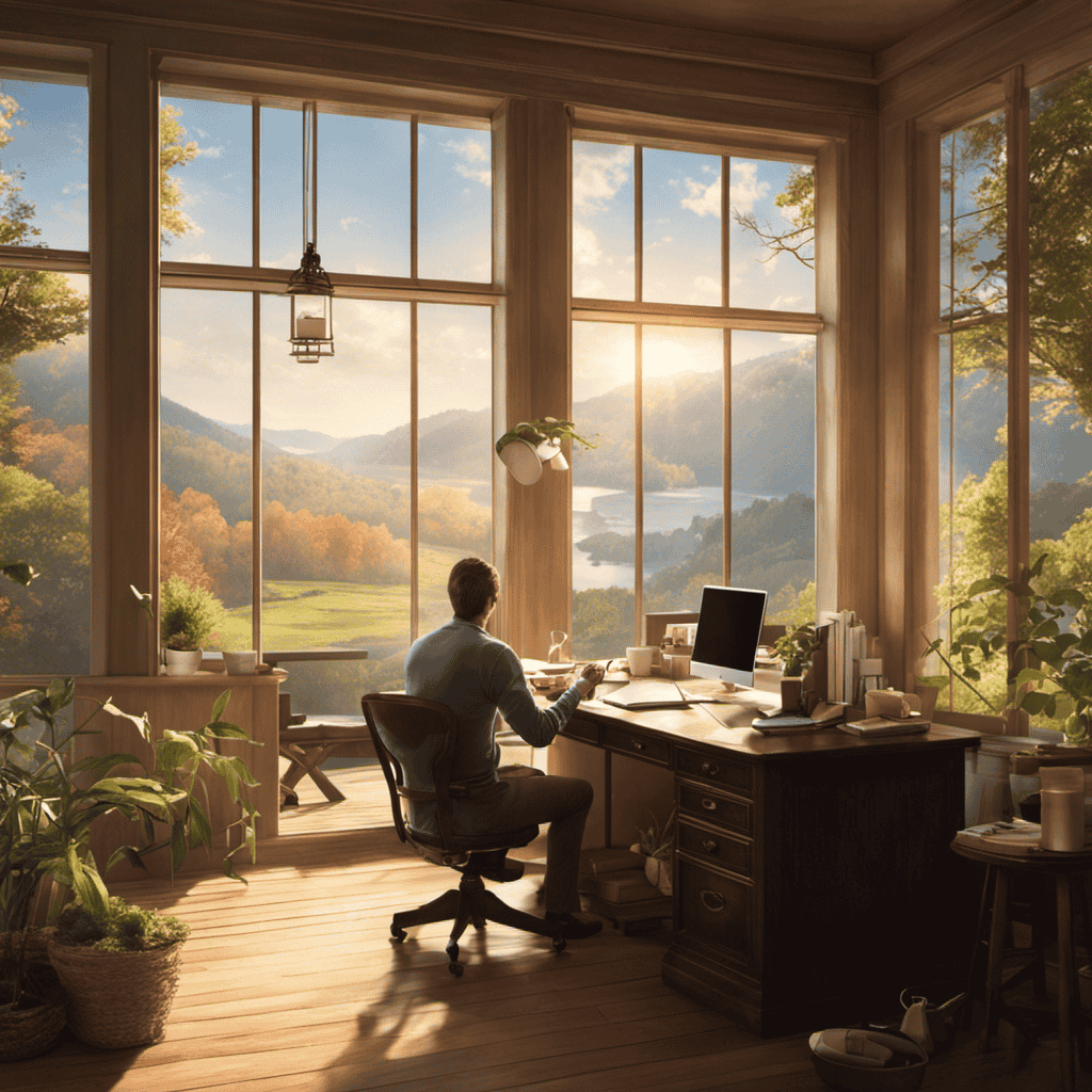 An image depicting a tranquil morning scene: a person sipping coffee while working at a tidy desk, surrounded by natural light streaming through an open window, with a calendar showing a well-balanced work schedule