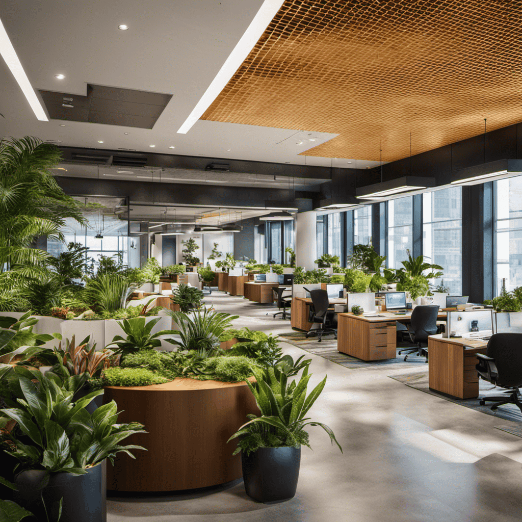 An image of a vibrant office space flooded with natural light, adorned with potted plants, colorful artwork, and employees engaging in collaborative discussions, fostering a positive work environment that reduces stress