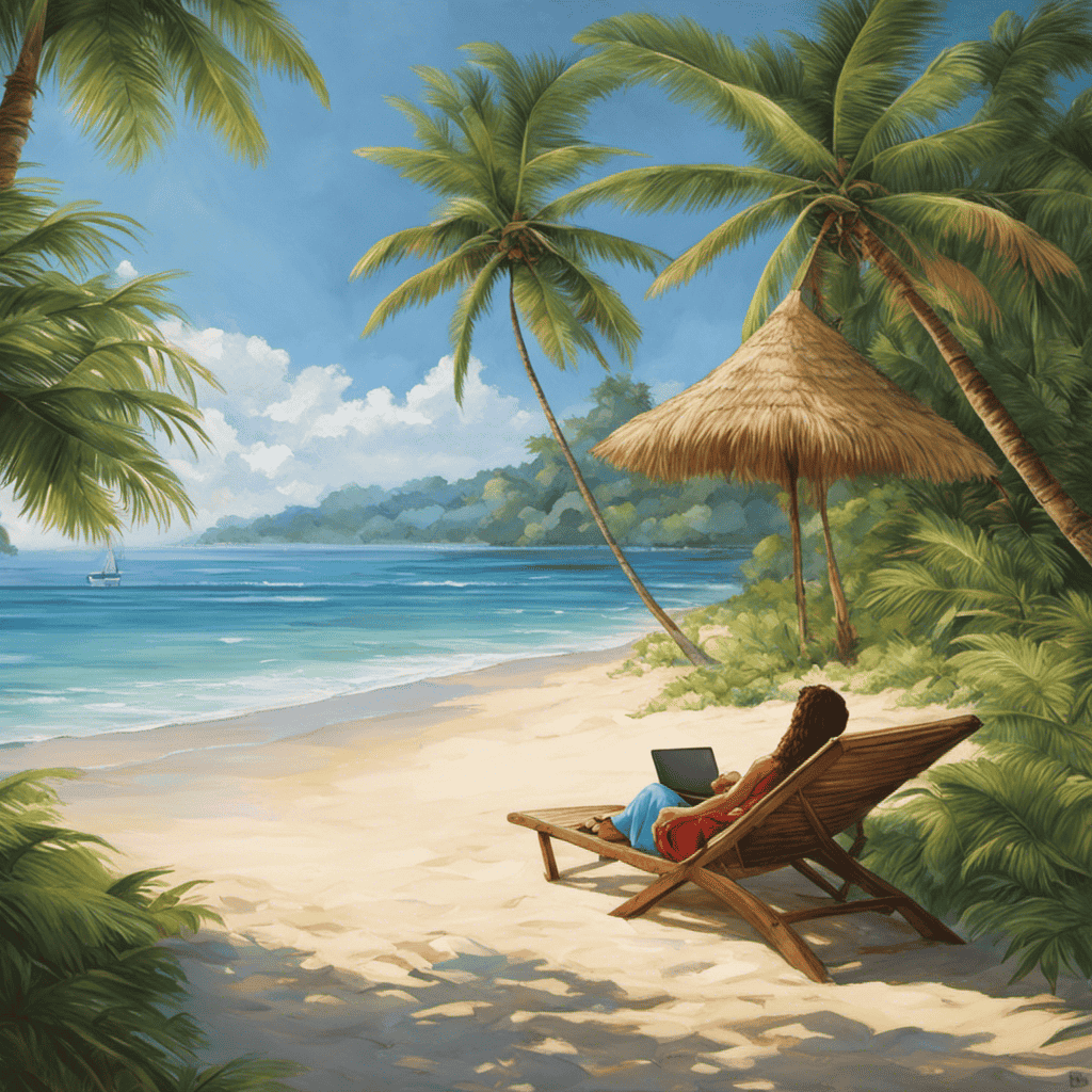 An image displaying a serene beach scene, with a person sitting under a palm tree, laptop closed and untouched, while taking a peaceful walk along the shore, emphasizing the rejuvenating effects of work-life balance