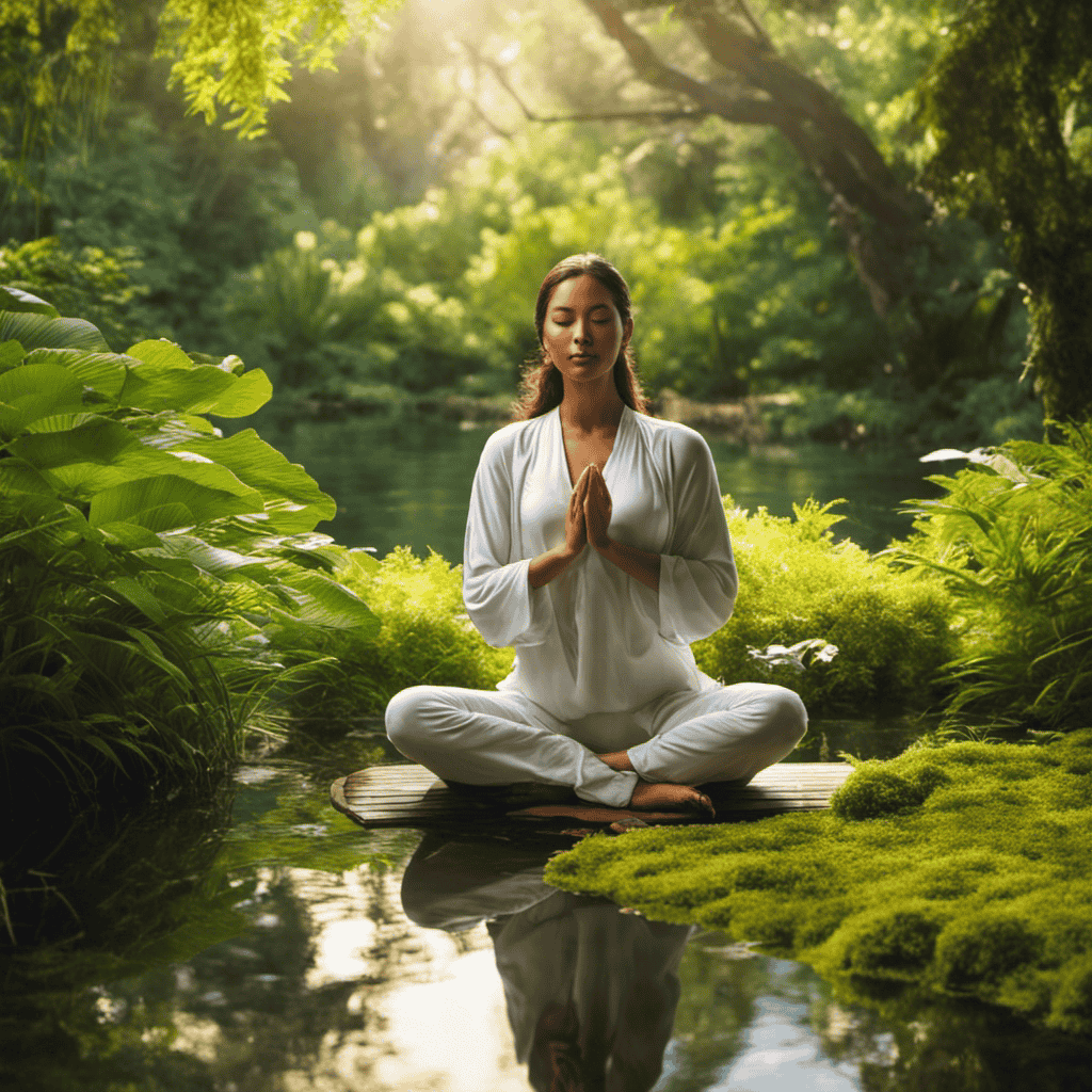 An image featuring a person meditating in a serene natural setting, surrounded by lush greenery and peaceful water