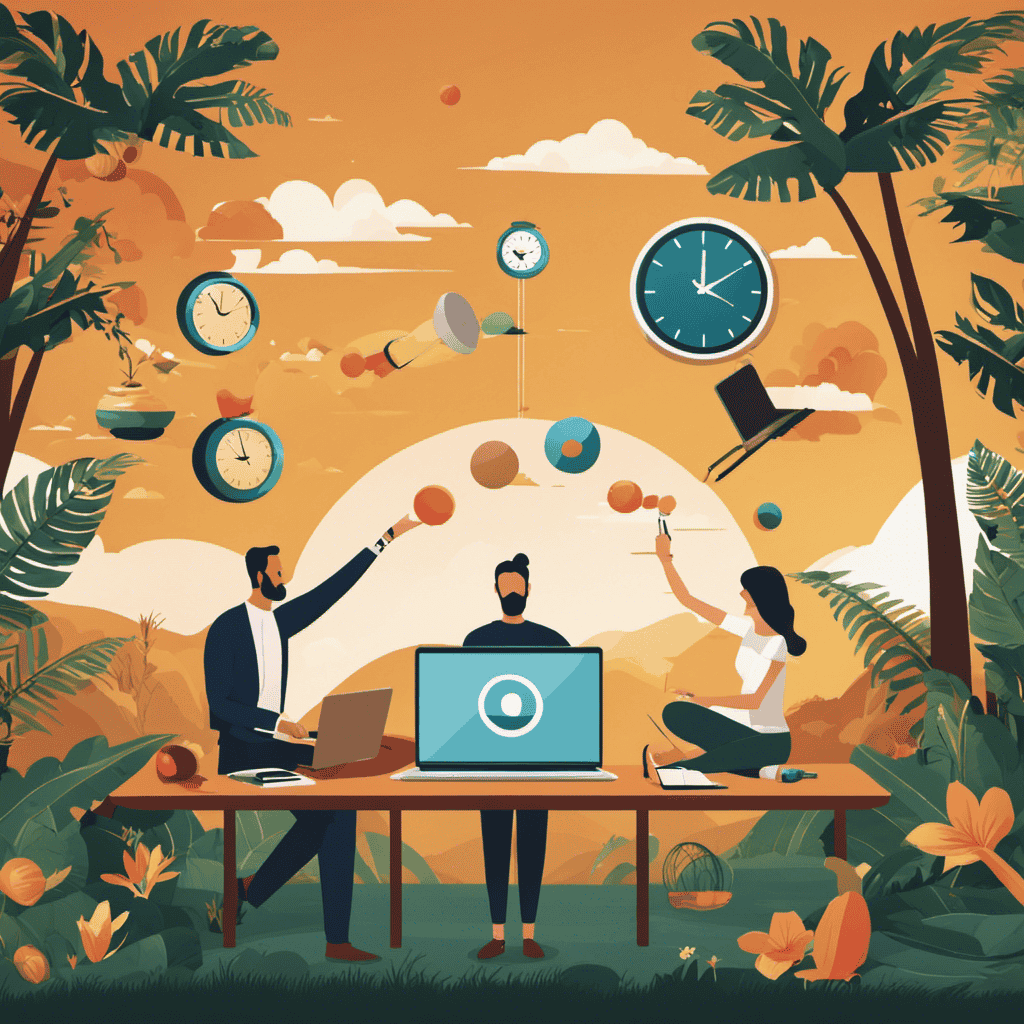 An image depicting a person effortlessly juggling a laptop, a clock, a yoga mat, and a family photo while surrounded by a serene environment, symbolizing effective time management strategies for a stress-free work-life balance