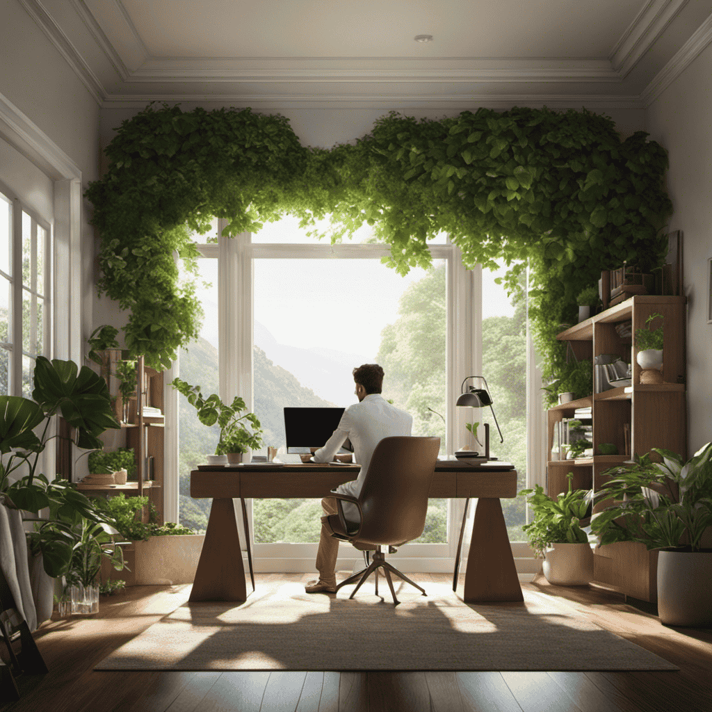 An image depicting a serene home office, with a person peacefully working on their laptop, surrounded by lush greenery and natural light