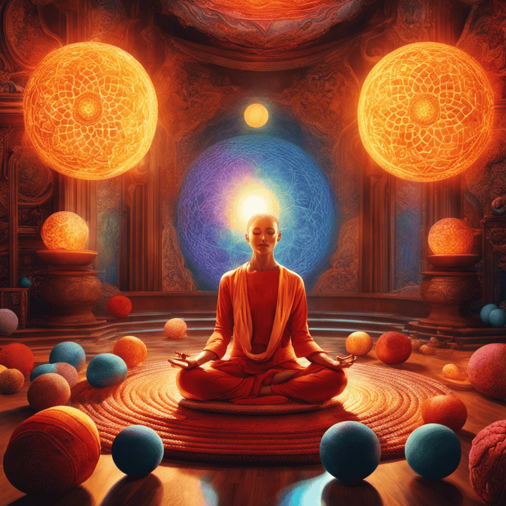 An image showcasing a serene, sun-drenched room with a meditator seated cross-legged on a cushion, surrounded by floating brain-shaped orbs emitting vibrant colors, symbolizing the enhanced cognitive function achieved through meditation