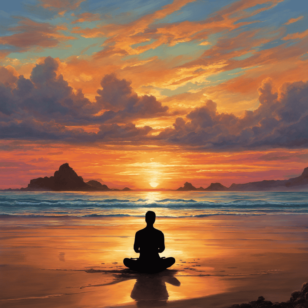An image of a serene beach at sunrise, with a silhouette of a person sitting cross-legged on the sand, surrounded by gentle waves
