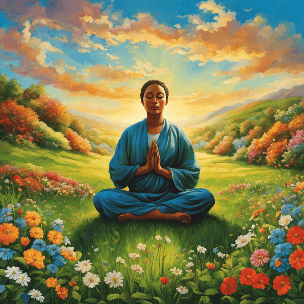An image of a person sitting cross-legged on a lush green meadow, surrounded by colorful flowers, their eyes closed, a serene expression on their face, as they peacefully meditate under a clear blue sky
