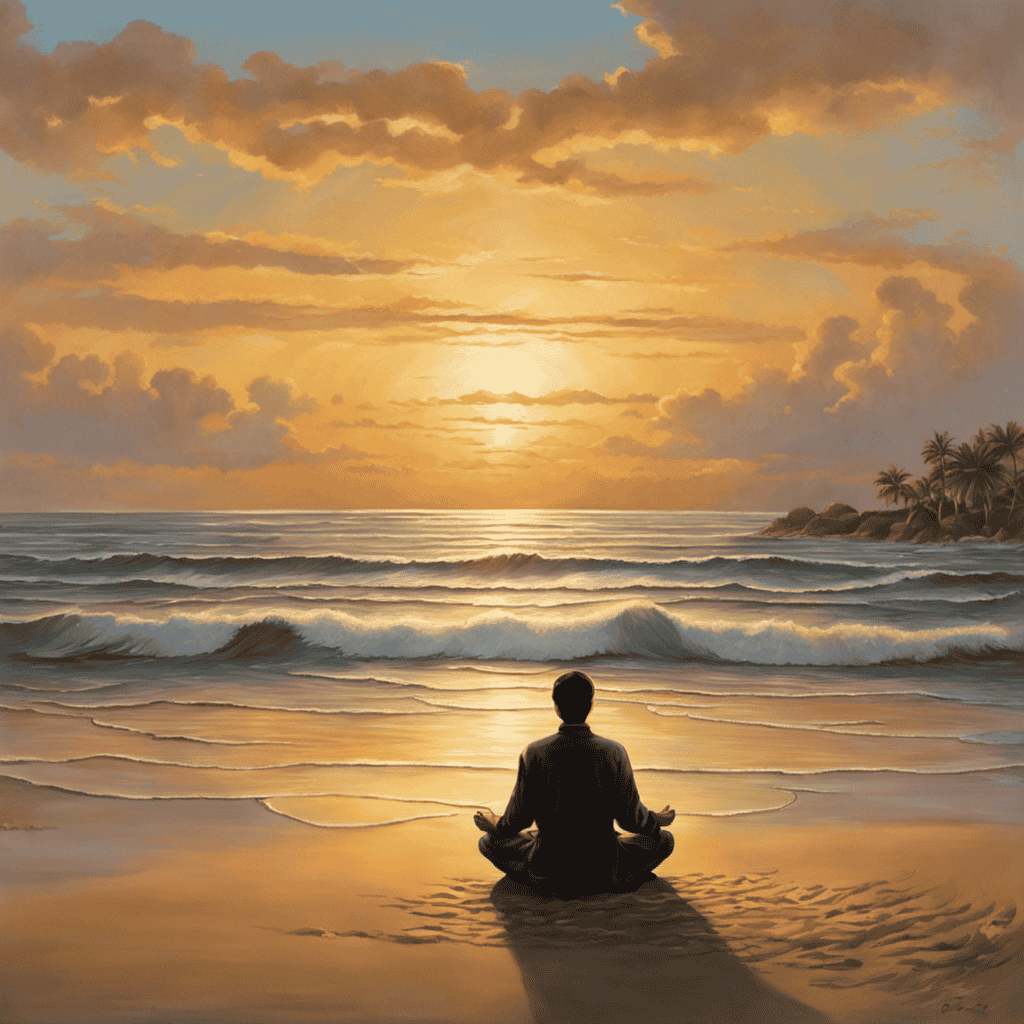 An image of a serene beach with gently rolling waves, a soft golden sunset, and a figure sitting cross-legged on the sand, eyes closed, radiating a sense of deep peace and tranquility