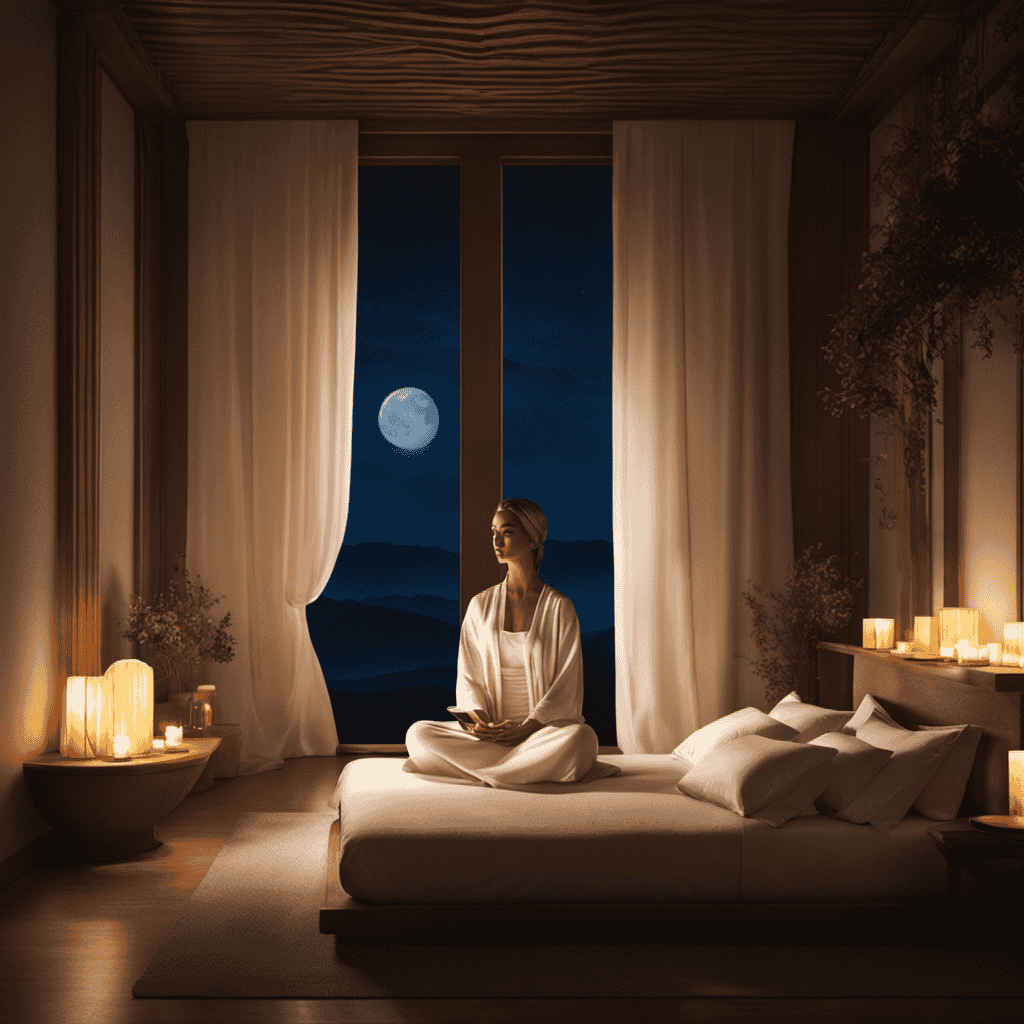 An image showcasing a serene, moonlit bedroom with a meditating figure softly illuminated by a gentle, warm glow