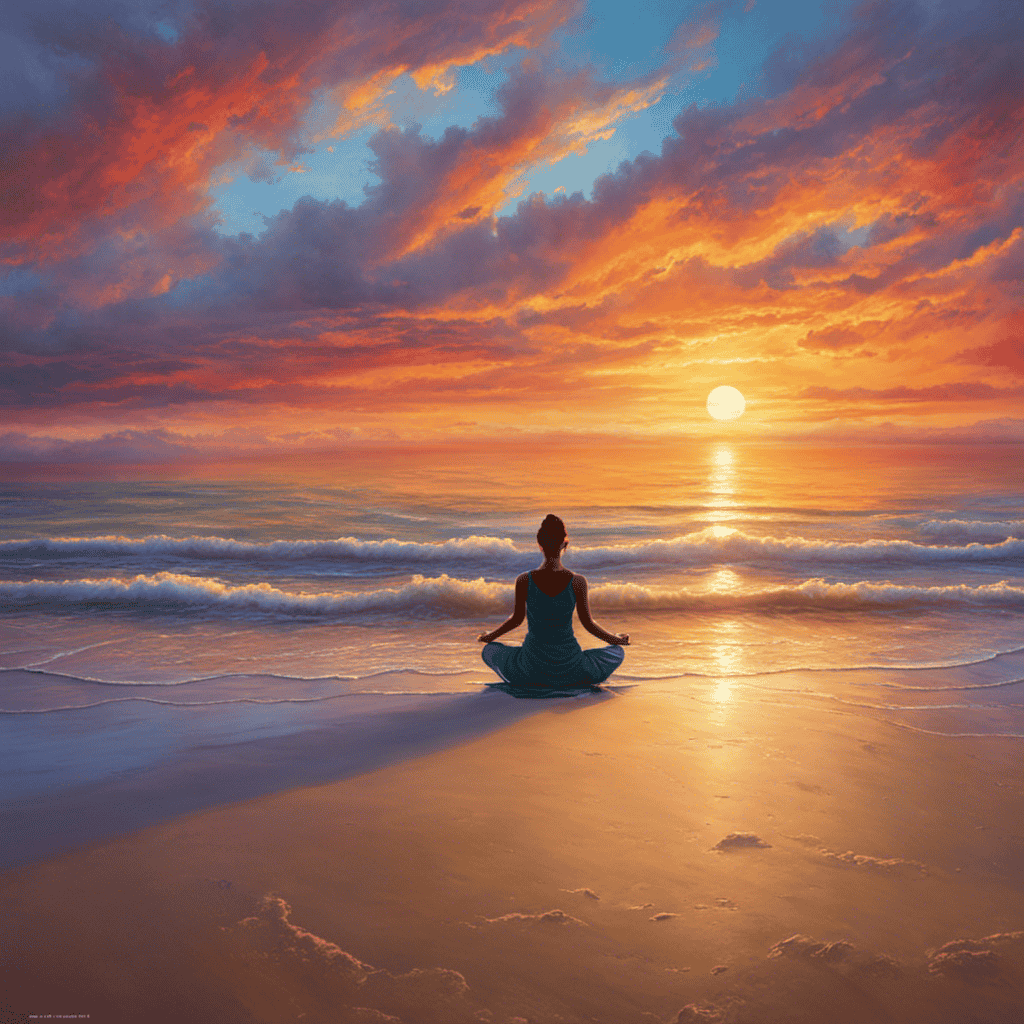 An image of a serene beach at sunrise, with a meditating figure surrounded by vibrant colors