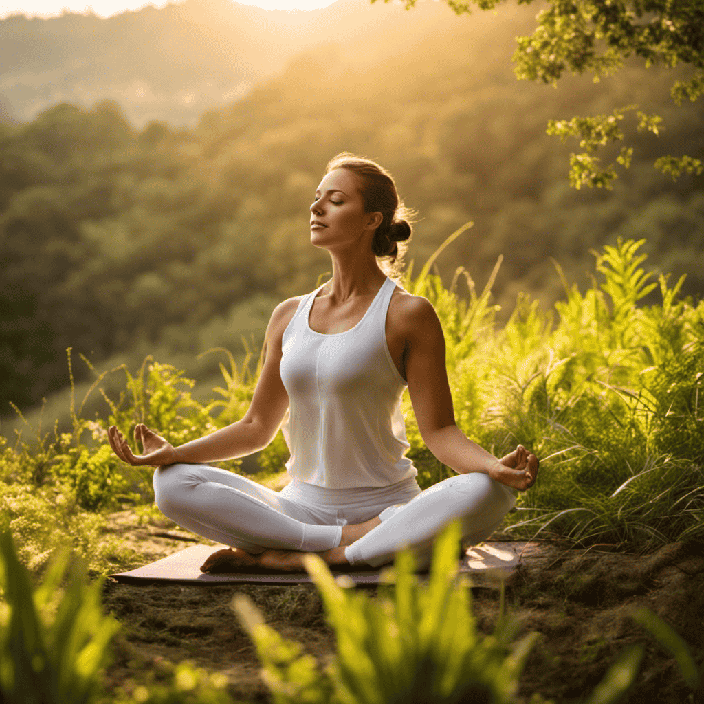 An image showcasing a serene yoga practitioner in a beautiful natural setting, surrounded by lush greenery and bathed in soft, golden sunlight