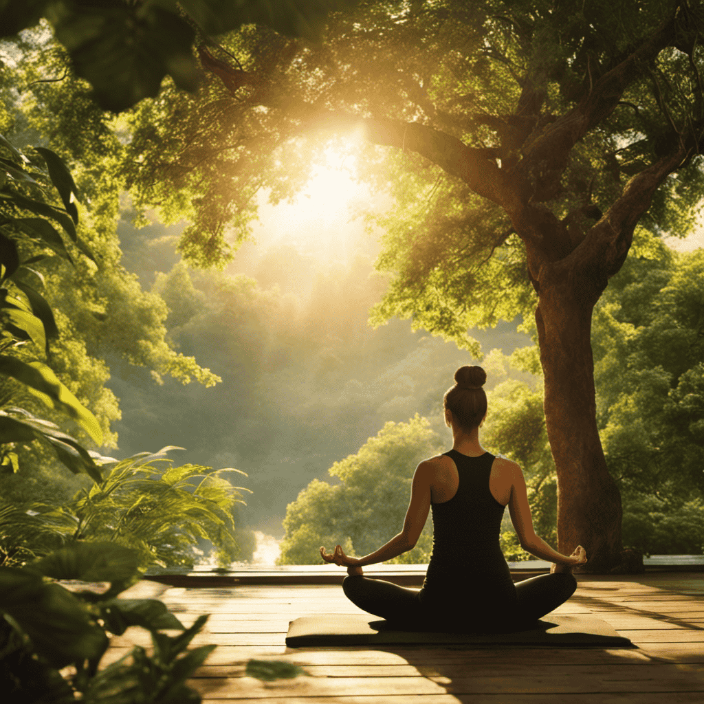 An image capturing the serene beauty of a person practicing yoga outdoors, surrounded by lush greenery and bathed in warm sunlight, highlighting the physical and mental benefits of this ancient practice