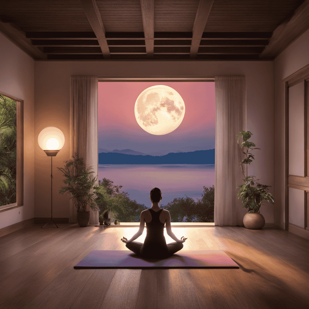 An image that captures the serenity of a moonlit bedroom, with a person practicing restorative yoga poses on a soft, pastel-colored mat