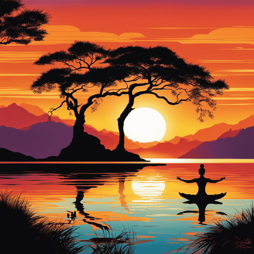 An image depicting a vibrant sunrise over a serene landscape, with a silhouette of a meditating figure surrounded by a radiant orange glow