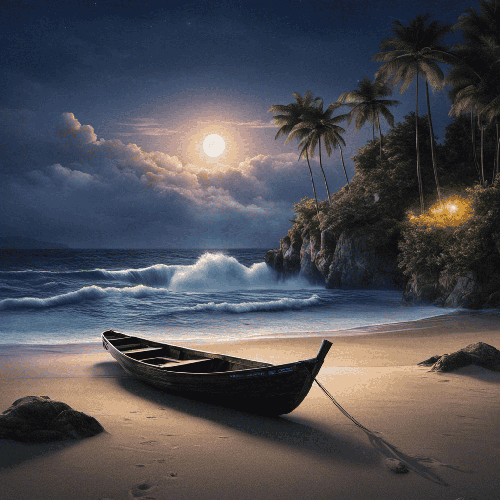 An image showcasing a serene, moonlit beach with gentle waves caressing the shore, a solitary boat adrift in the distance, and a cascading waterfall merging seamlessly with the tranquil ocean