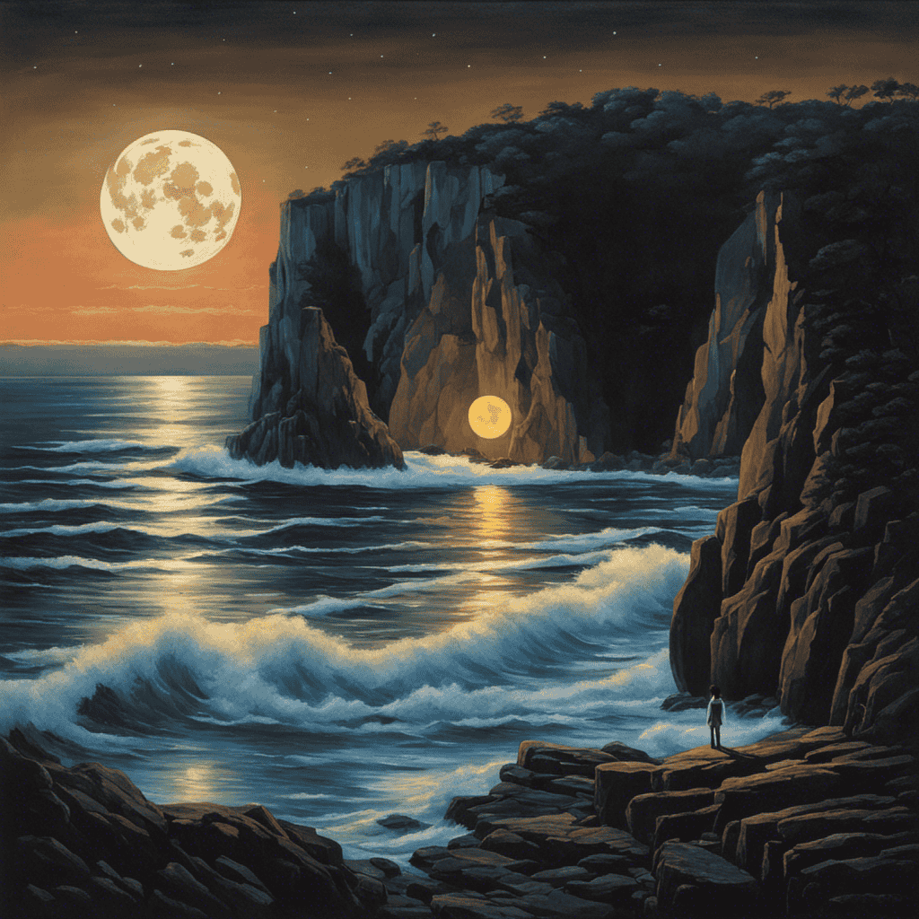An image with a serene night scene, featuring a full moon casting a pale glow over a calm ocean