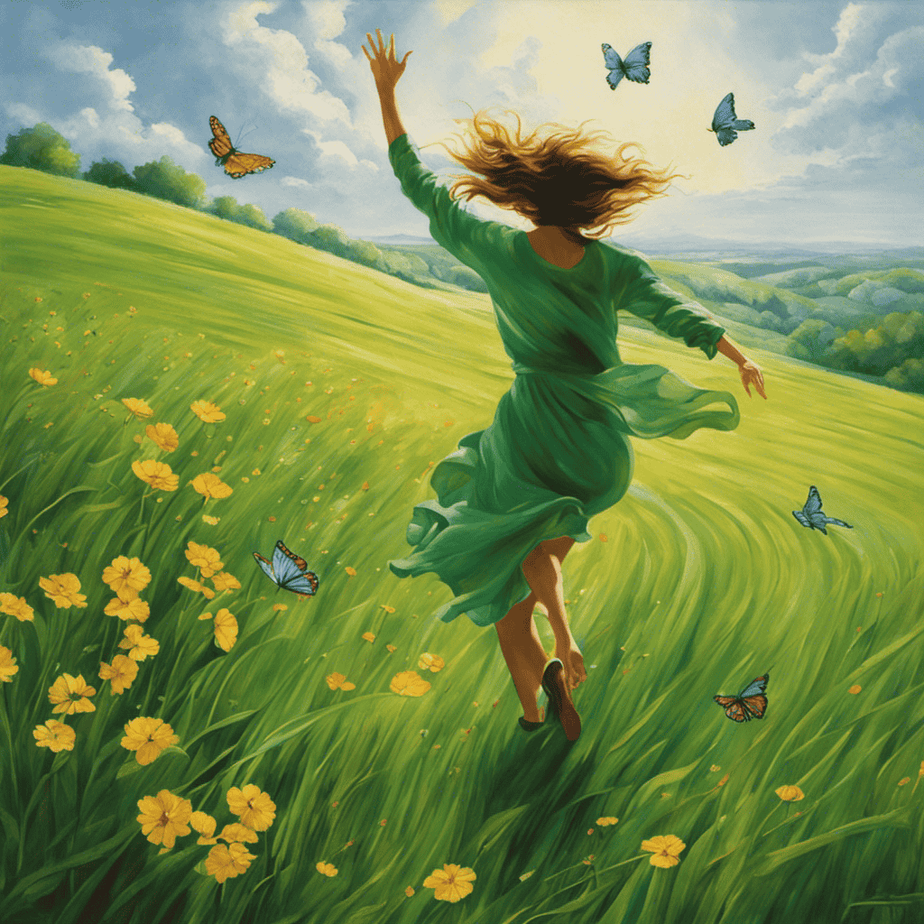 An image depicting a person running at full speed through a luscious green meadow, with their outstretched arms reaching for an elusive butterfly, representing the common dream symbol of chasing and the pursuit of unattainable desires