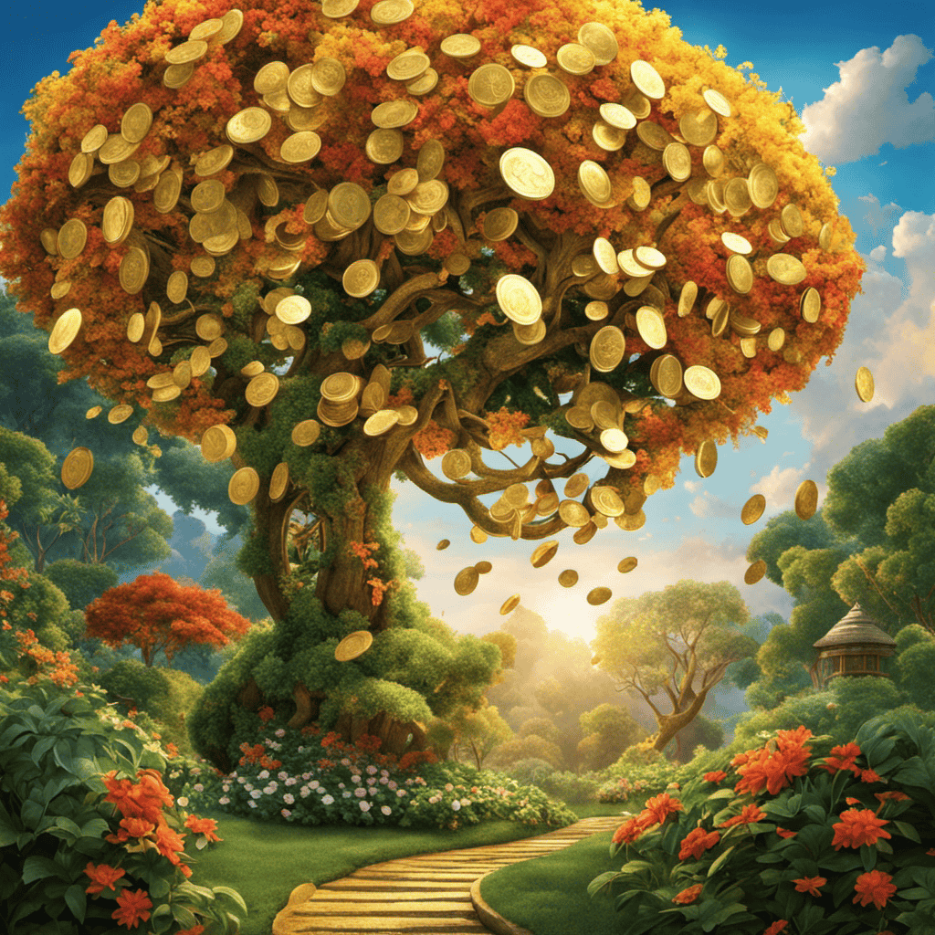 An image showcasing a serene garden filled with vibrant money trees, their branches adorned with golden coins, while a blissful figure basks in the wealth, representing the common dream symbol of money